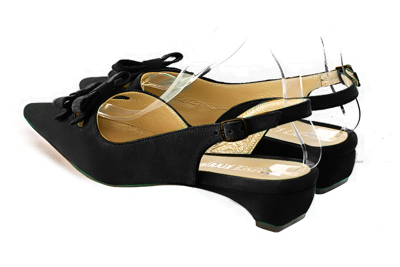 Matt black women's open back shoes, with a knot. Pointed toe. Flat kitten heels. Rear view - Florence KOOIJMAN